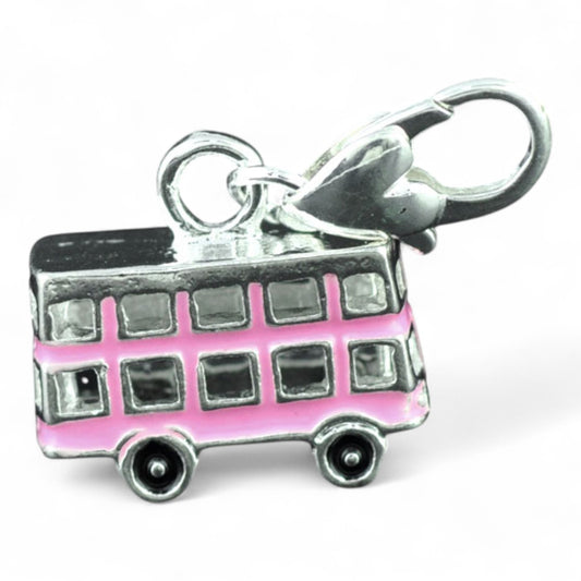 Charm Bus Anglais 3D – Émaillé Rose et Fermoir Argenté