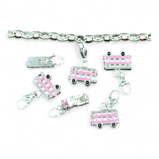 Charm Bus Anglais 3D – Émaillé Rose et Fermoir Argenté