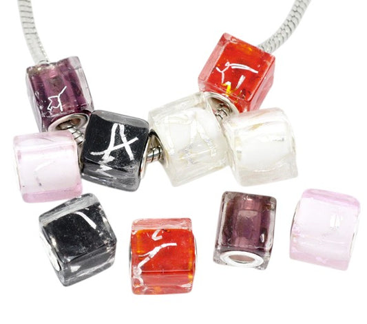 x1 Perle Européenne Cube – Verre façon Murano et Métal – 13x12 mm