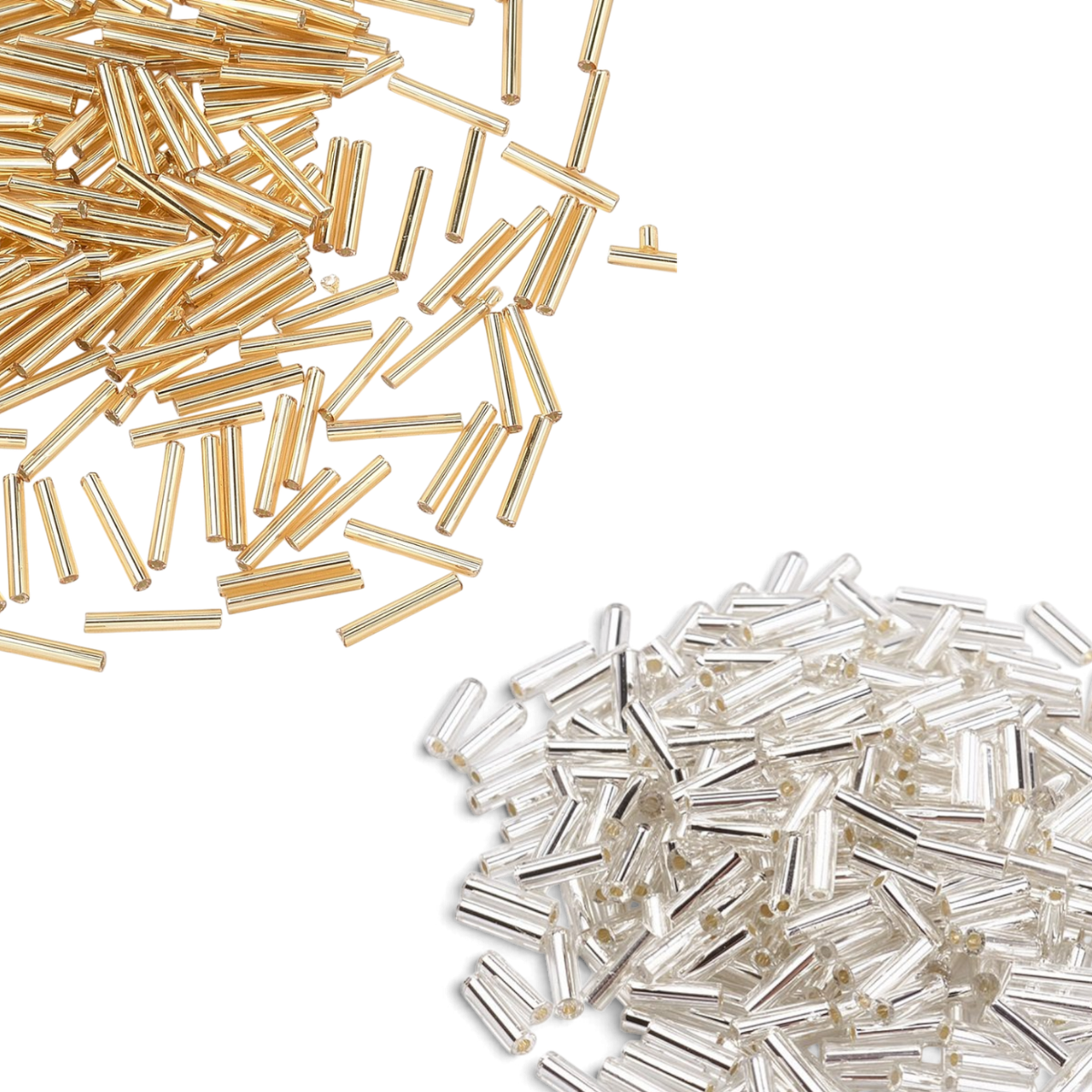 x10g Perles de Verre Longs Tubes – Doublées d’Argent – Doré ou Argenté – 2 x 12 mm