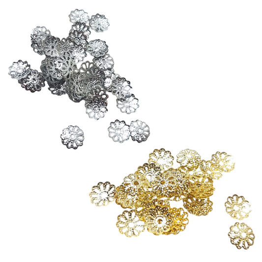 x50 Coupelles embouts de perles en métal en forme de fleur – Platine ou doré – 9 mm