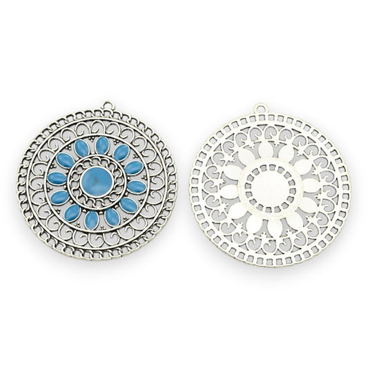 x1 Pendentif en alliage émaillé ton argent antique, ronds et plats – couleurs au choix