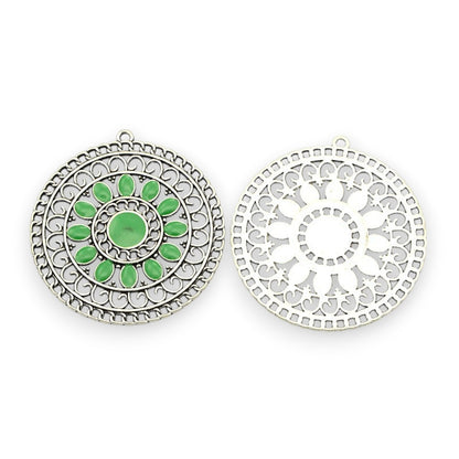x1 Pendentif en alliage émaillé ton argent antique, ronds et plats – couleurs au choix
