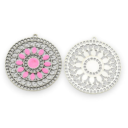 x1 Pendentif en alliage émaillé ton argent antique, ronds et plats – couleurs au choix