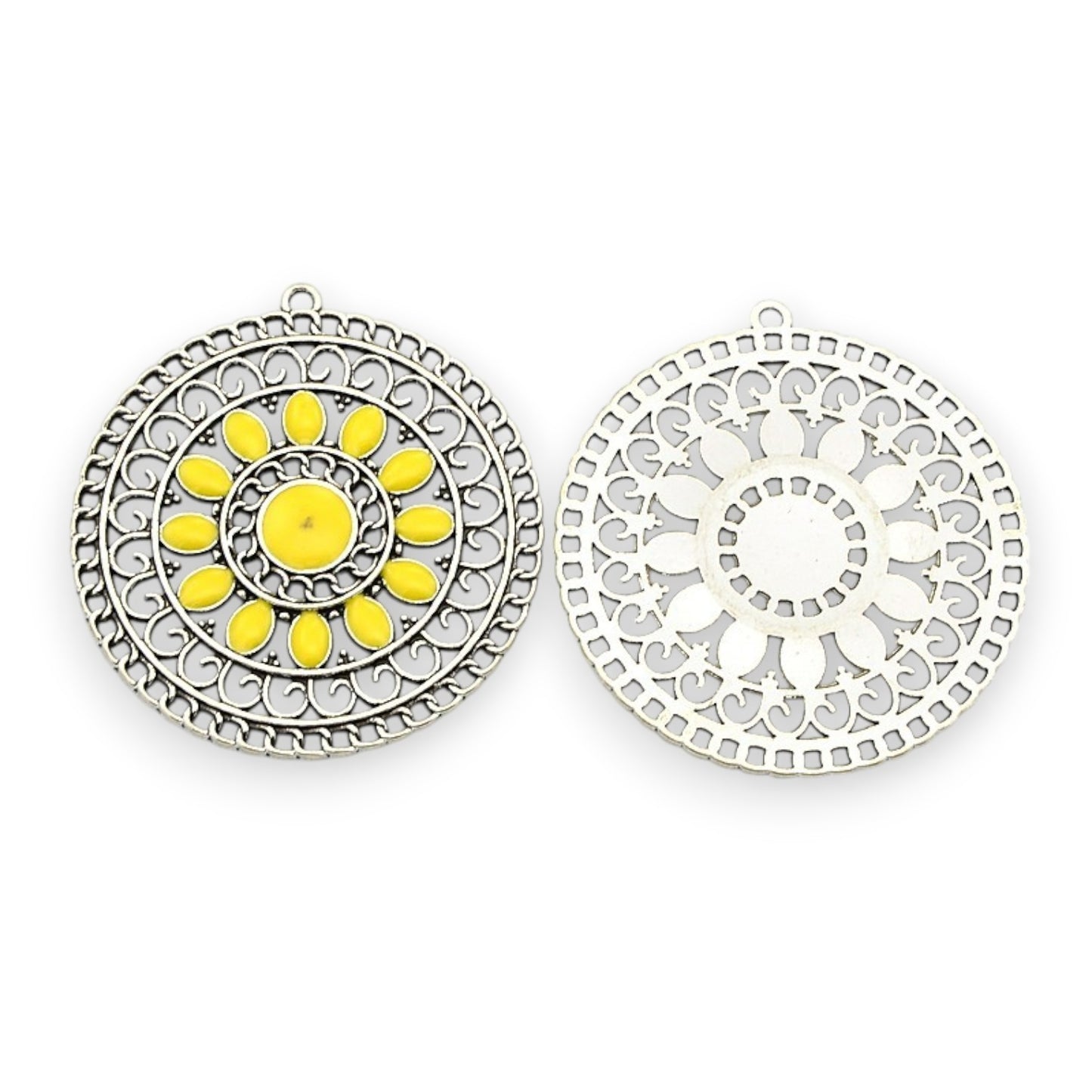x1 Pendentif en alliage émaillé ton argent antique, ronds et plats – couleurs au choix