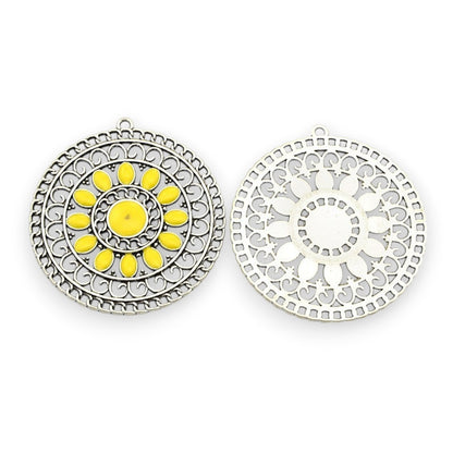 x1 Pendentif en alliage émaillé ton argent antique, ronds et plats – couleurs au choix