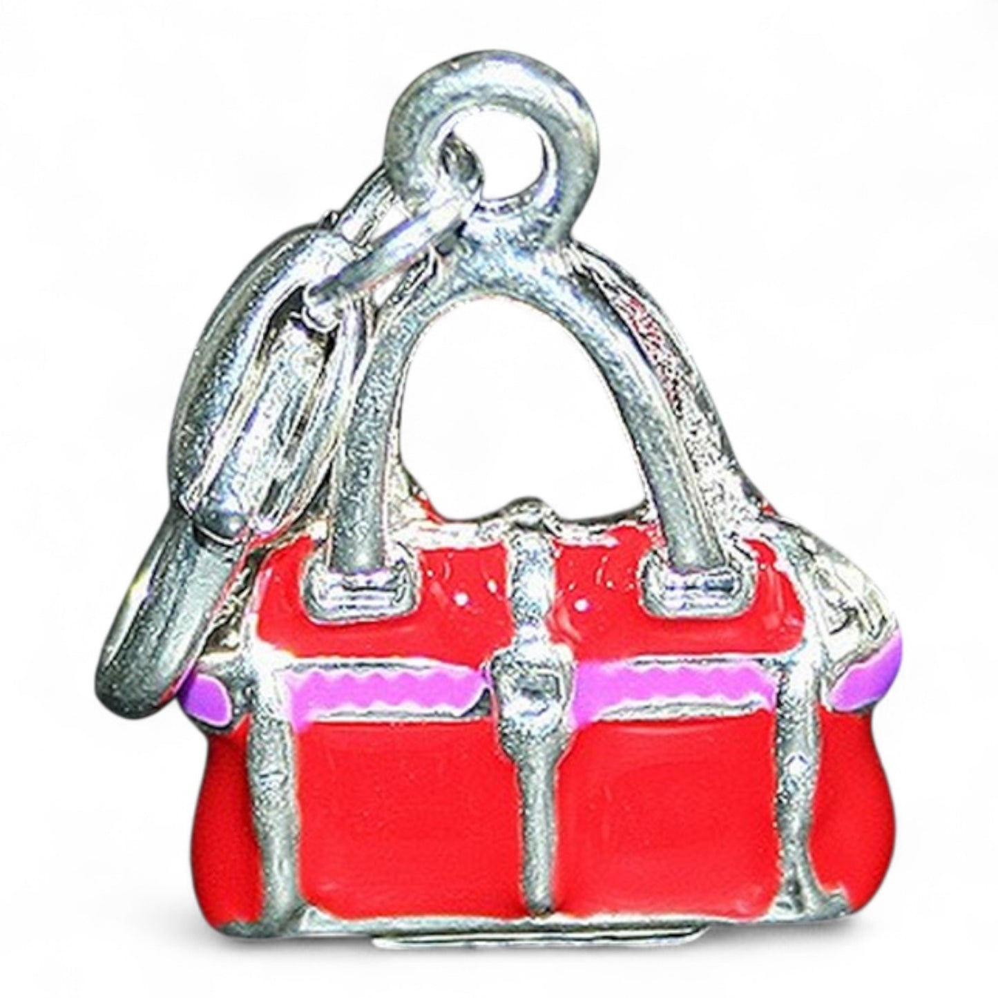 Charm Sac à Main Rouge 3D – Métal Argenté et Émail