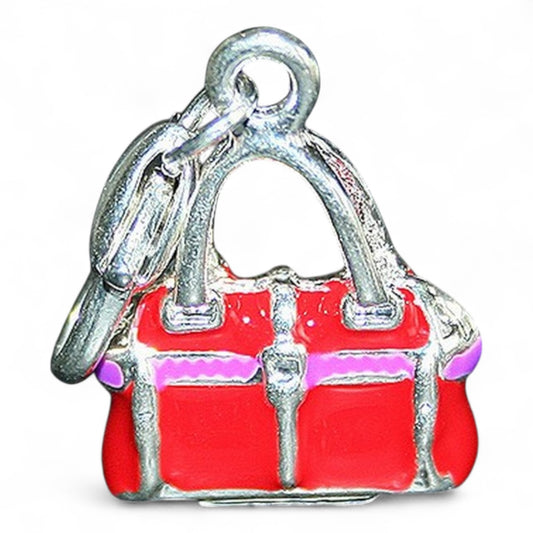 Charm Sac à Main Rouge 3D – Métal Argenté et Émail