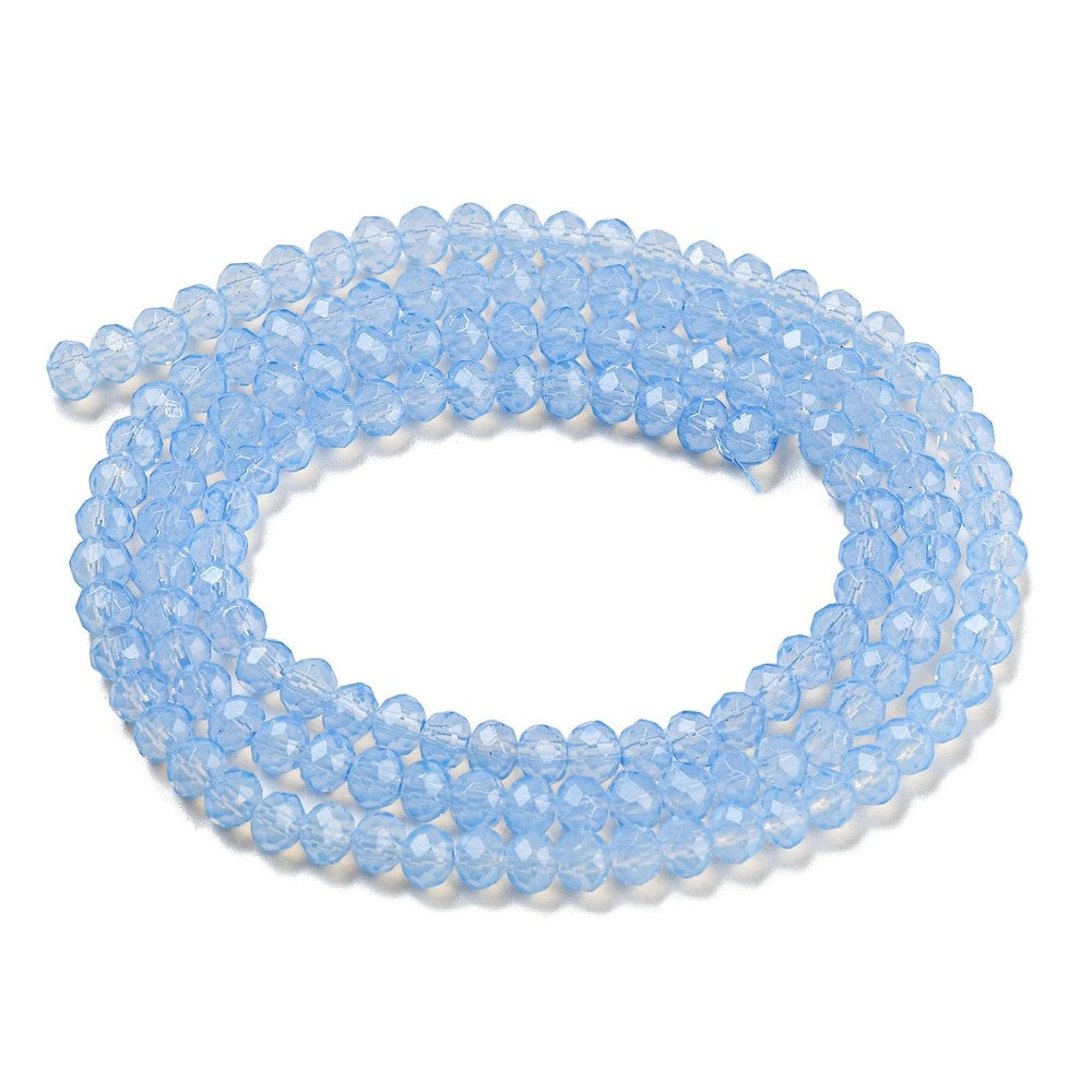 Fil de perles de verre transparentes imitation opaline – Facettes rondes – Bleu Ciel