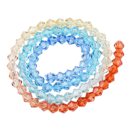 x1 Fil de Perles de verre – Biconiques facettées dégradées 6 mm – Orange, Jaune et Bleu