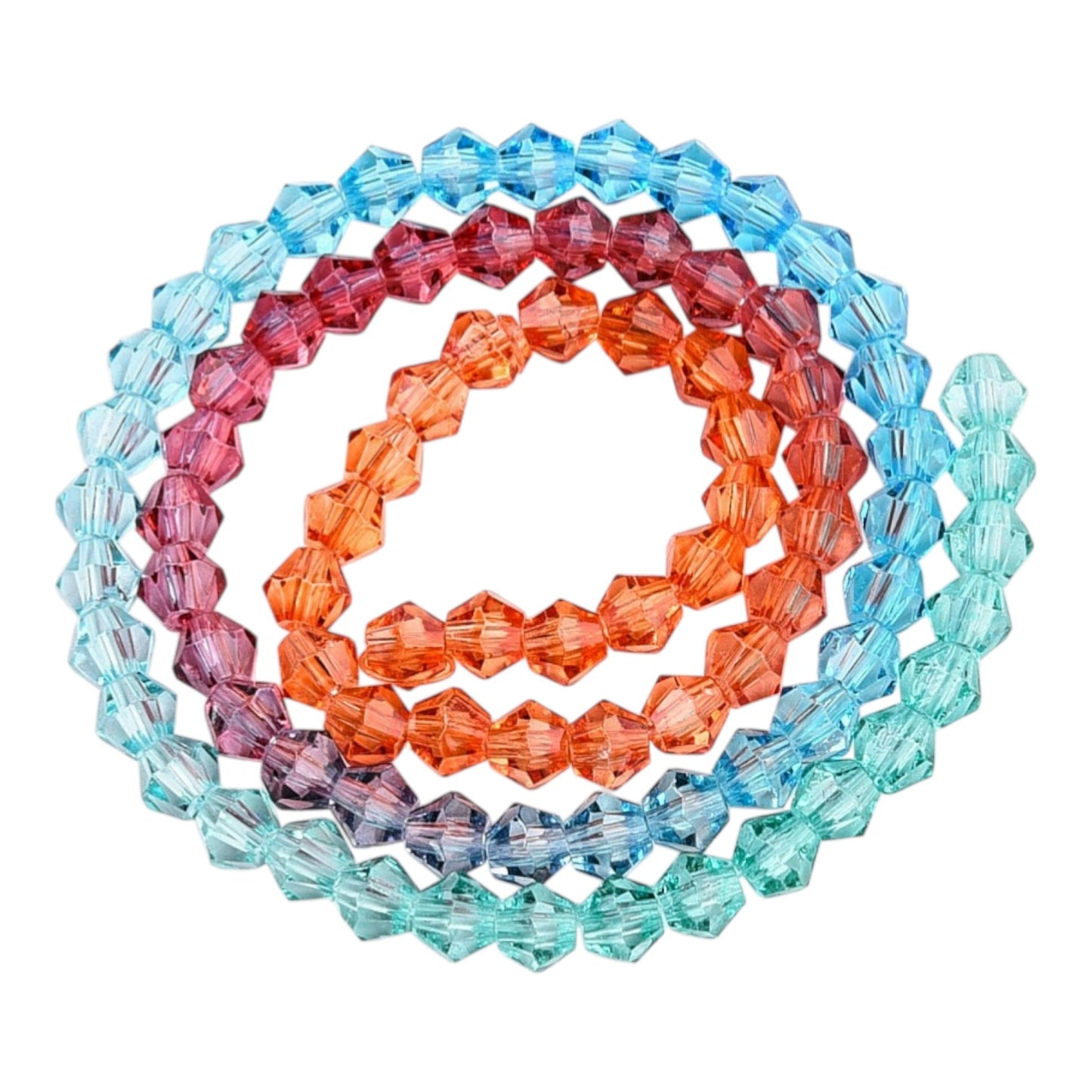 x1 Fil de Perles de verre – Biconiques facettées dégradées 6 mm – Orange, Rouge, Bleu et Vert
