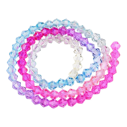 x1 Fil de Perles de verre – Biconiques facettées dégradées 6 mm – Fushia, Bleu, Violet et Jaune