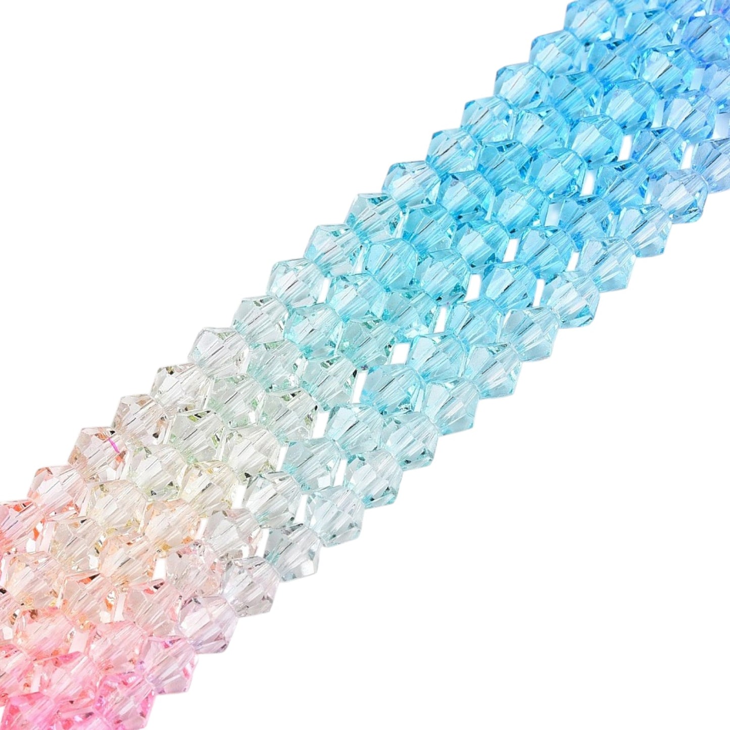 x1 Fil de Perles de verre – Biconiques facettées dégradées 6 mm – Fushia, Bleu, Violet et Jaune