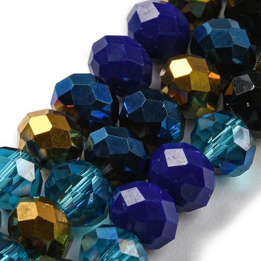 Fil de Perles de Verre à Facettes – Rondelles 8x6 mm – Bleu/doré