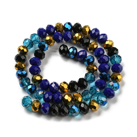 Fil de Perles de Verre à Facettes – Rondelles 8x6 mm – Bleu/doré