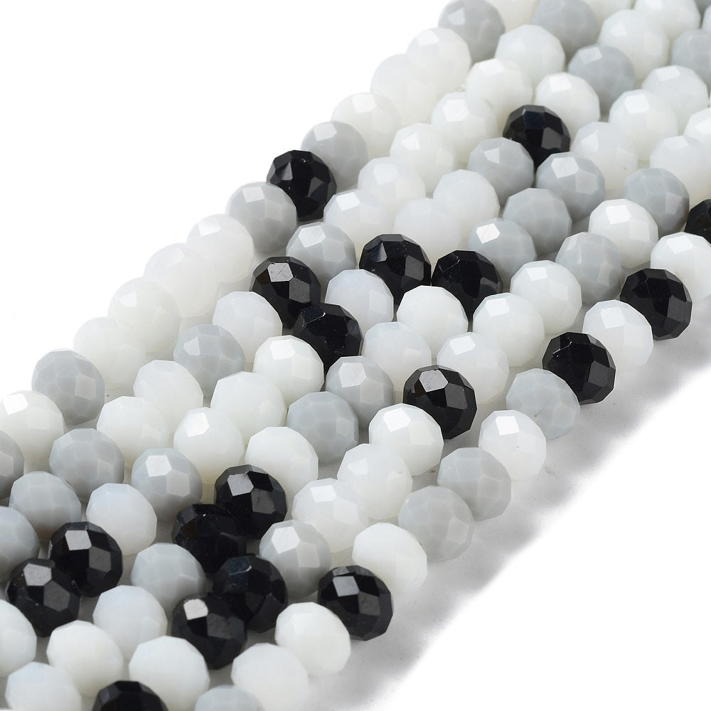 Fil de Perles de Verre à Facettes – Rondelles 8x6 mm – Blanc/gris/noir