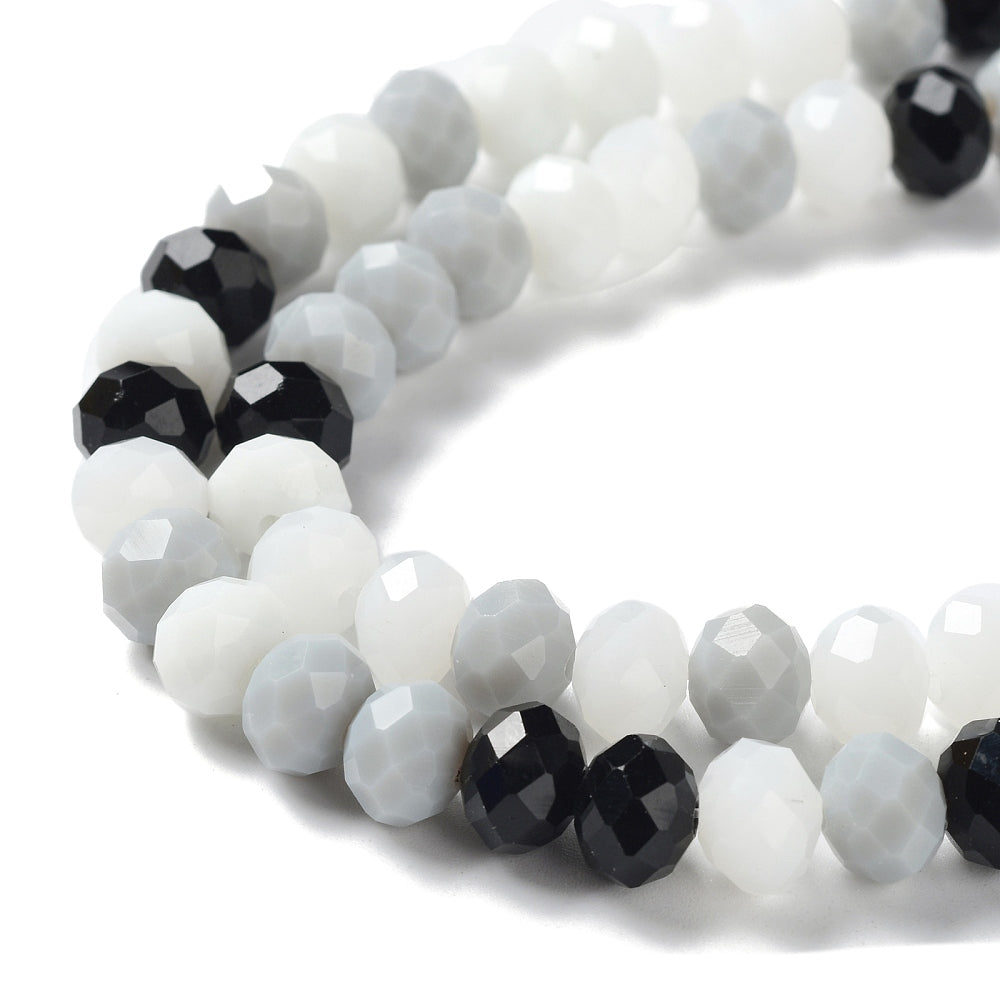 Fil de Perles de Verre à Facettes – Rondelles 8x6 mm – Blanc/gris/noir