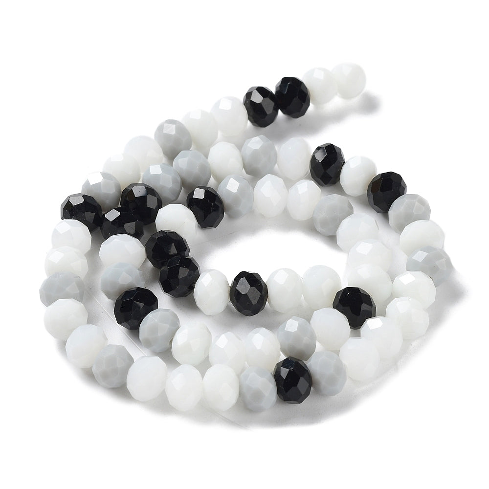 Fil de Perles de Verre à Facettes – Rondelles 8x6 mm – Blanc/gris/noir