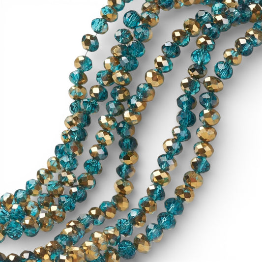 x1 Fil de Perles rondelles facettées en verre électroplaqué – Bleuet et doré – 6 x 5 mm