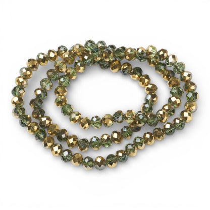x1 Fil de Perles rondelles facettées en verre électroplaqué – Vert et Doré– 6 x 5 mm