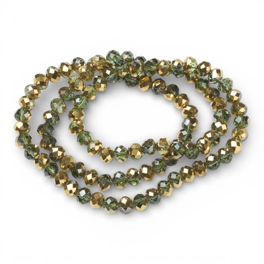 x1 Fil de Perles rondelles facettées en verre électroplaqué – Vert et Doré– 6 x 5 mm