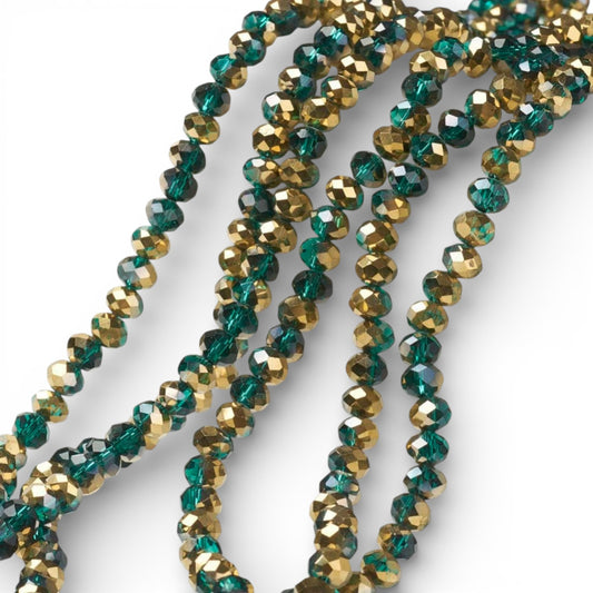 x1 Fil de Perles rondelles facettées en verre électroplaqué – Vert Foncé et Doré– 6 x 5 mm
