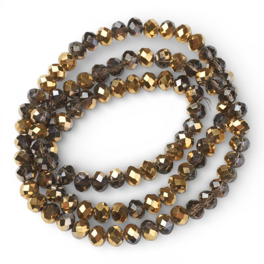 x1 Fil de Perles rondelles facettées en verre électroplaqué – Fumé et Doré– 6 x 5 mm