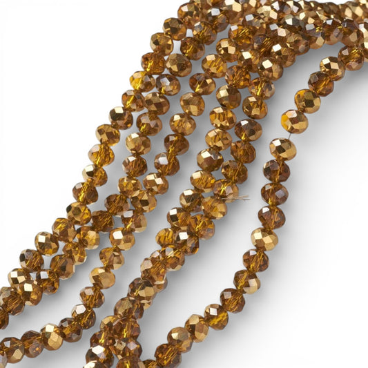 x1 Fil de Perles rondelles facettées en verre électroplaqué – Ambré et Doré– 6 x 5 mm
