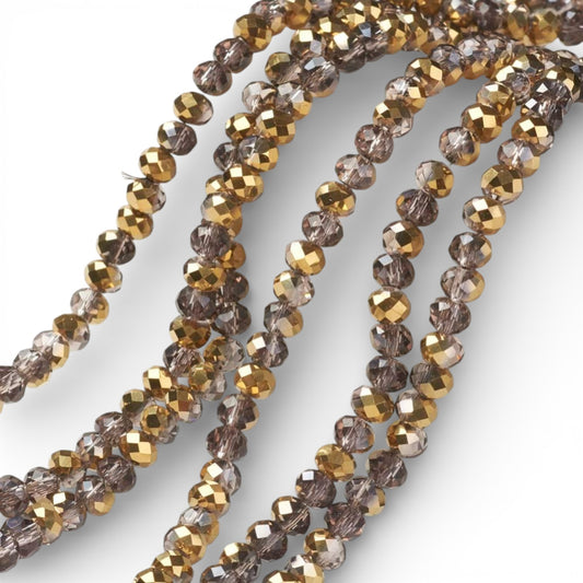 x1 Fil de Perles rondelles facettées en verre électroplaqué – Violine et Doré– 6 x 5 mm