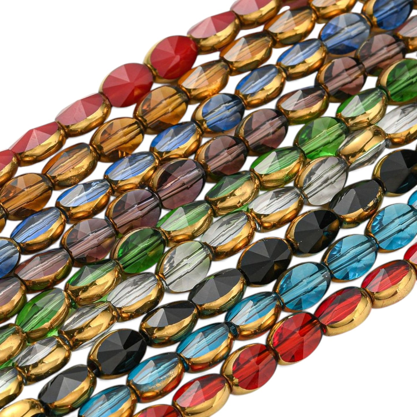 x1 Fil de Perles de Verre Transparentes Électroplaquées – Ovales à Facettes – Bord Doré