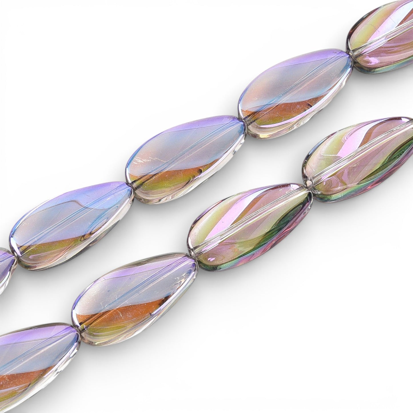 x1 Fil de Perles de verre électroplaquées – Ovales torsadées – Bleu et Reflets Violet