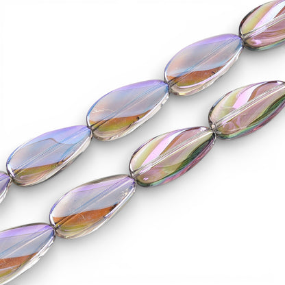 x1 Fil de Perles de verre électroplaquées – Ovales torsadées – Bleu et Reflets Violet