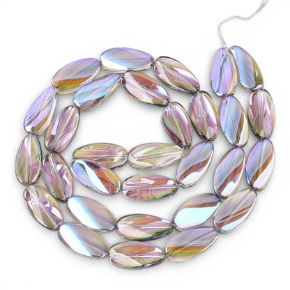 x1 Fil de Perles de verre électroplaquées – Ovales torsadées – Bleu et Reflets Violet
