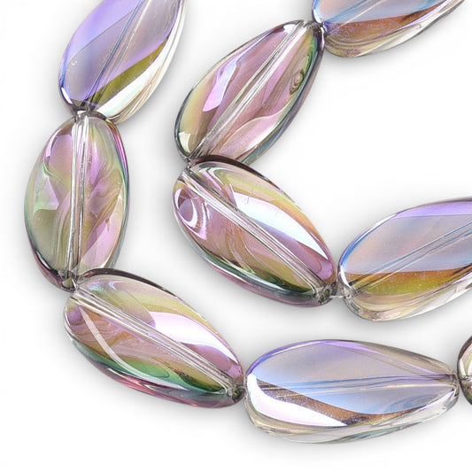 x1 Fil de Perles de verre électroplaquées – Ovales torsadées – Bleu et Reflets Violet