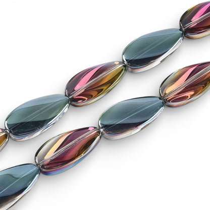 x1 Fil de Perles de verre électroplaquées – Ovales torsadées – Vert et Reflets Violet