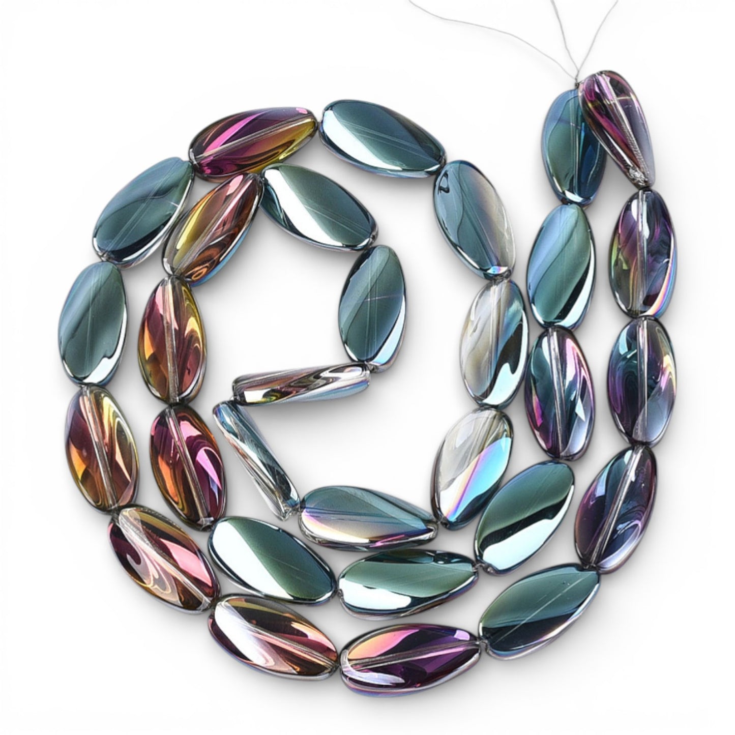 x1 Fil de Perles de verre électroplaquées – Ovales torsadées – Vert et Reflets Violet