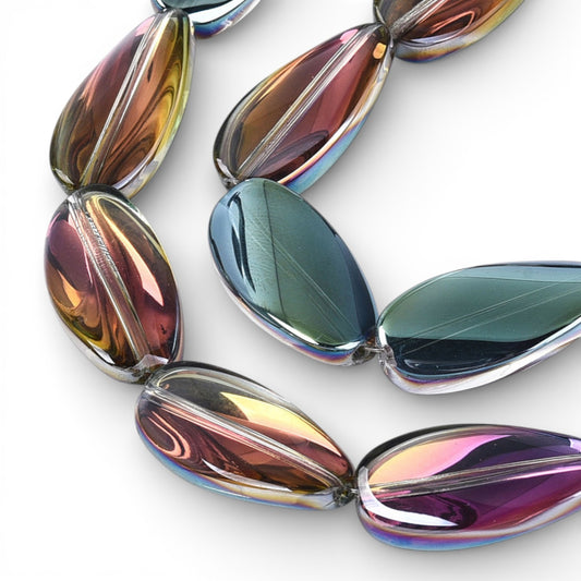x1 Fil de Perles de verre électroplaquées – Ovales torsadées – Vert et Reflets Violet