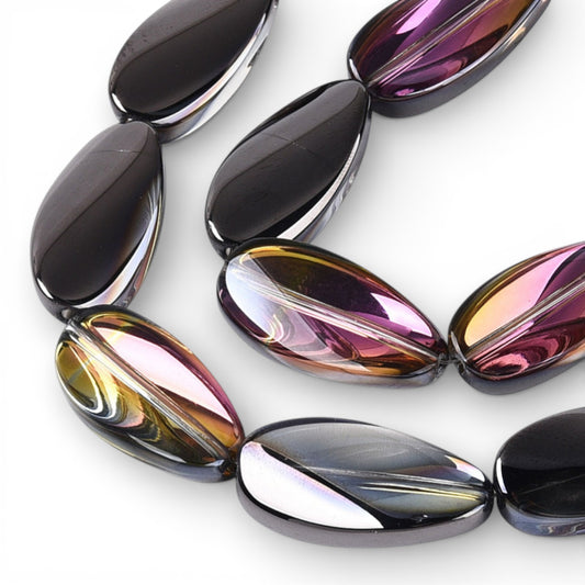 x1 Fil de Perles de verre électroplaquées – Ovales torsadées – Noir Reflets violet