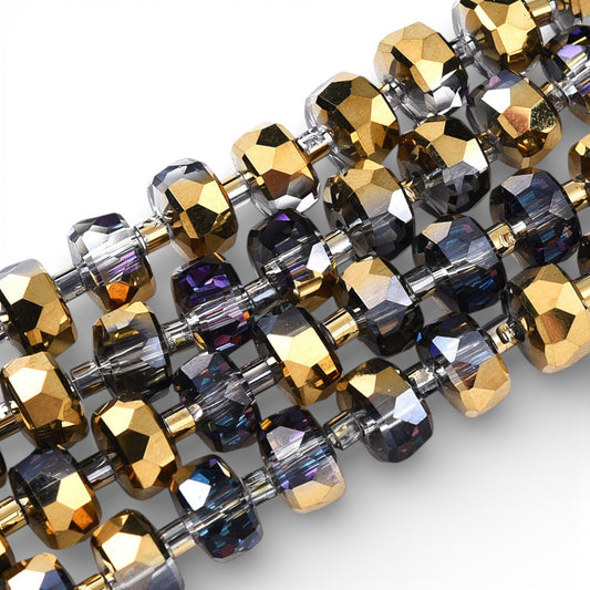 x1 fil de 78 Perles de Verre Facettées Électroplaquées – Doré et violet – 8x5 mm