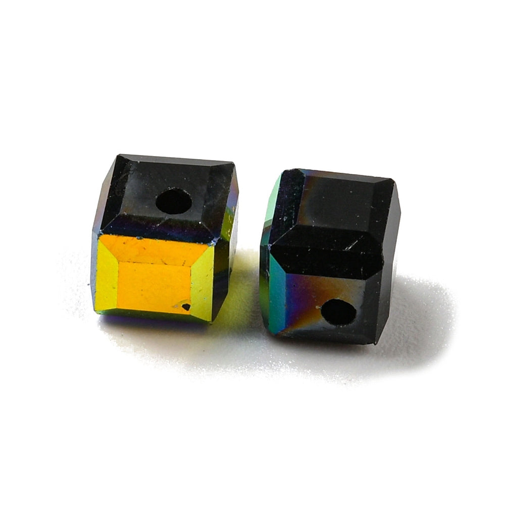 x10 Perles de Verre Facettées Électroplaquées – Cube Noir AB – 5,5 mm