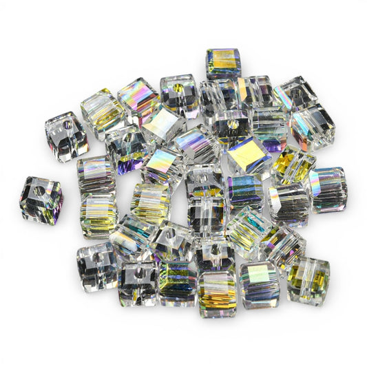x10 Perles de Verre Facettées Électroplaquées – Cube Cristal AB – 5,5 mm