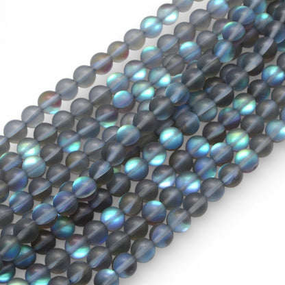 x1 Fil de Perles Holographiques Givrées – Rondes 8 mm – Gris reflets bleus
