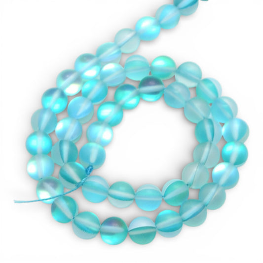 x1 Fil de Perles Holographiques Givrées – Rondes 8 mm – Bleu Cyan