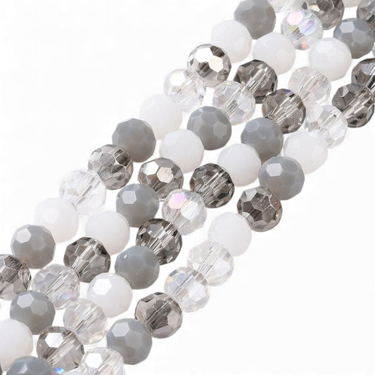x1 Fil de Perles de Verre Facettées – Rondes 5,5 à 6,5 mm – Gris/blanc