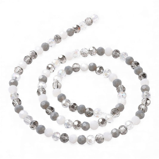 x1 Fil de Perles de Verre Facettées – Rondes 5,5 à 6,5 mm – Gris/blanc
