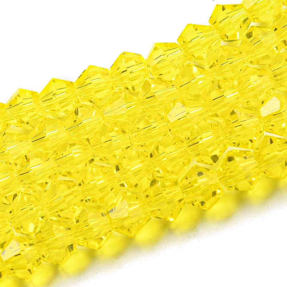 x1 Fil de Perles de Verre Transparentes Facettées – Biconiques 4 mm – Jaune