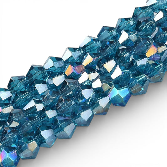 x1 Fil de Perles de Verre Transparentes Facettées – Biconiques 4 mm – Bleu Canard AB