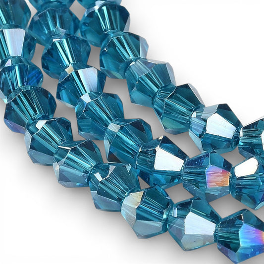 x1 Fil de Perles de Verre Transparentes Facettées – Biconiques 4 mm – Bleu Canard AB