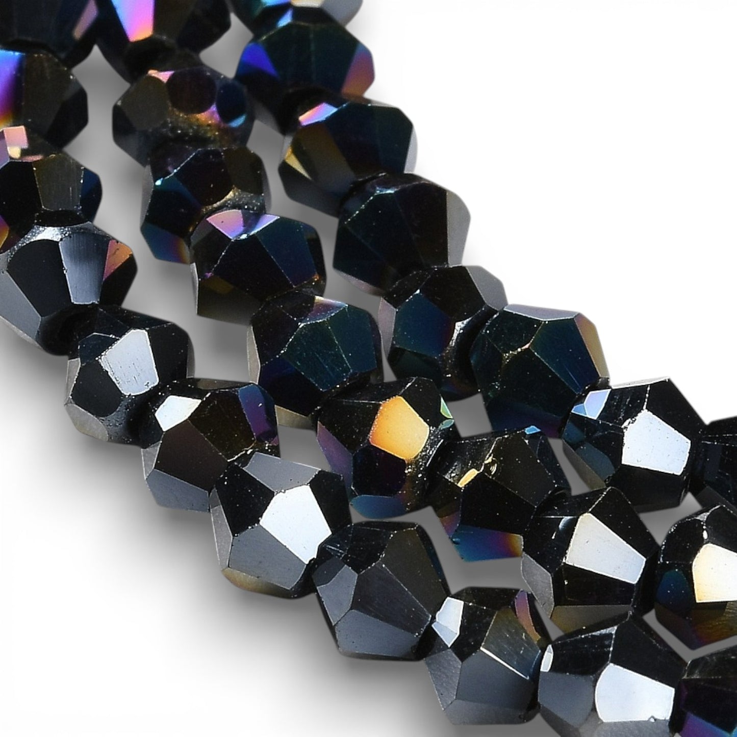 x1 Fil de Perles de Verre Transparentes Facettées – Biconiques 4 mm – Noir Hématite ou Noir AB
