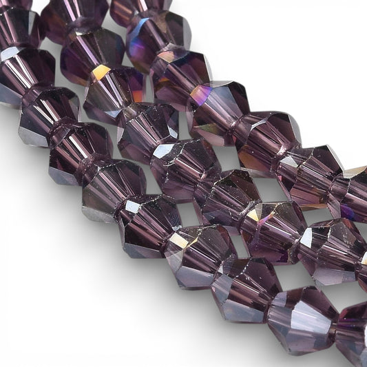x1 Fil de Perles de Verre Transparentes Facettées – Biconiques 4 mm – Violet foncé AB